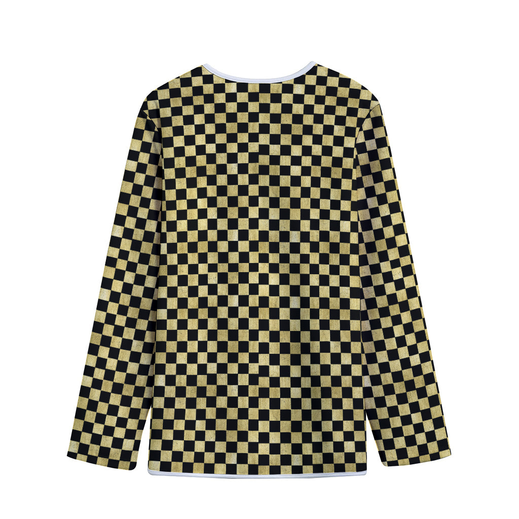 Gold And Black Checkered Pattern Print Long Sleeve Short Coat