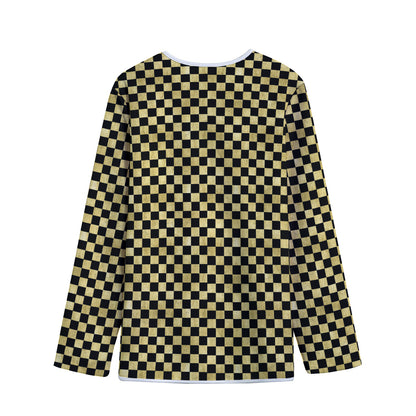 Gold And Black Checkered Pattern Print Long Sleeve Short Coat