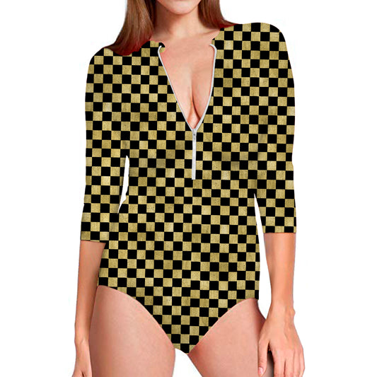 Gold And Black Checkered Pattern Print Long Sleeve Swimsuit