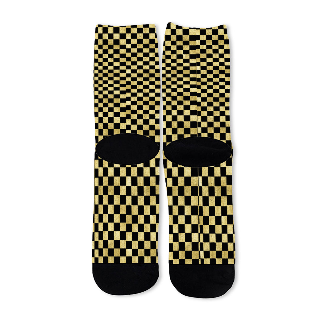 Gold And Black Checkered Pattern Print Long Socks