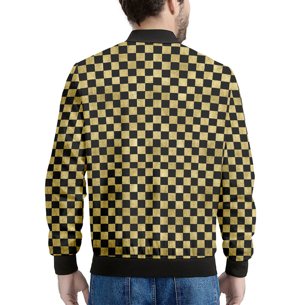 Gold And Black Checkered Pattern Print Men's Bomber Jacket