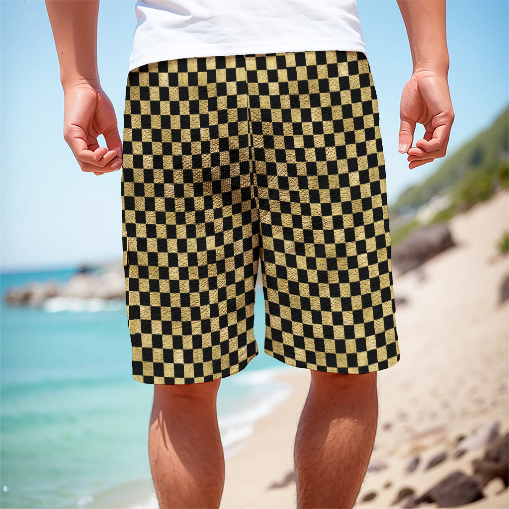 Gold And Black Checkered Pattern Print Men's Cargo Shorts
