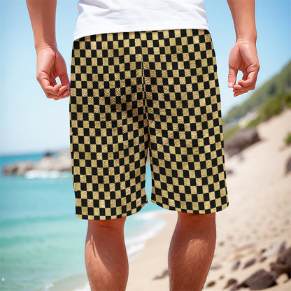 Gold And Black Checkered Pattern Print Men's Cargo Shorts