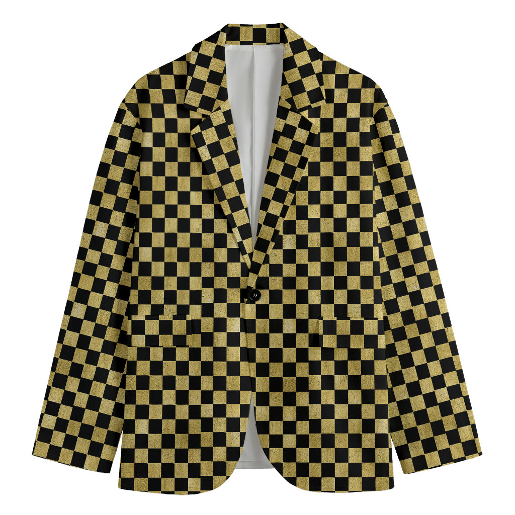 Gold And Black Checkered Pattern Print Men's Cotton Blazer