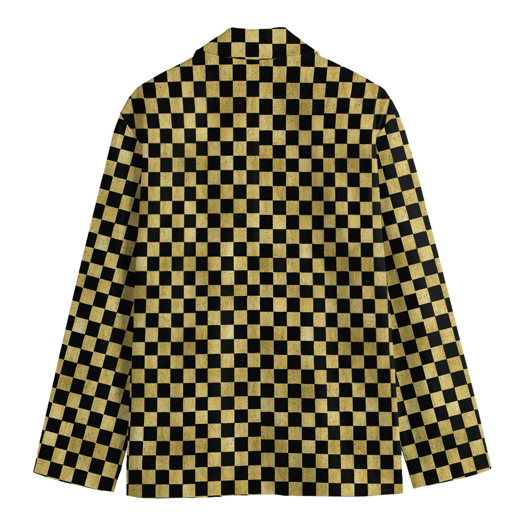 Gold And Black Checkered Pattern Print Men's Cotton Blazer