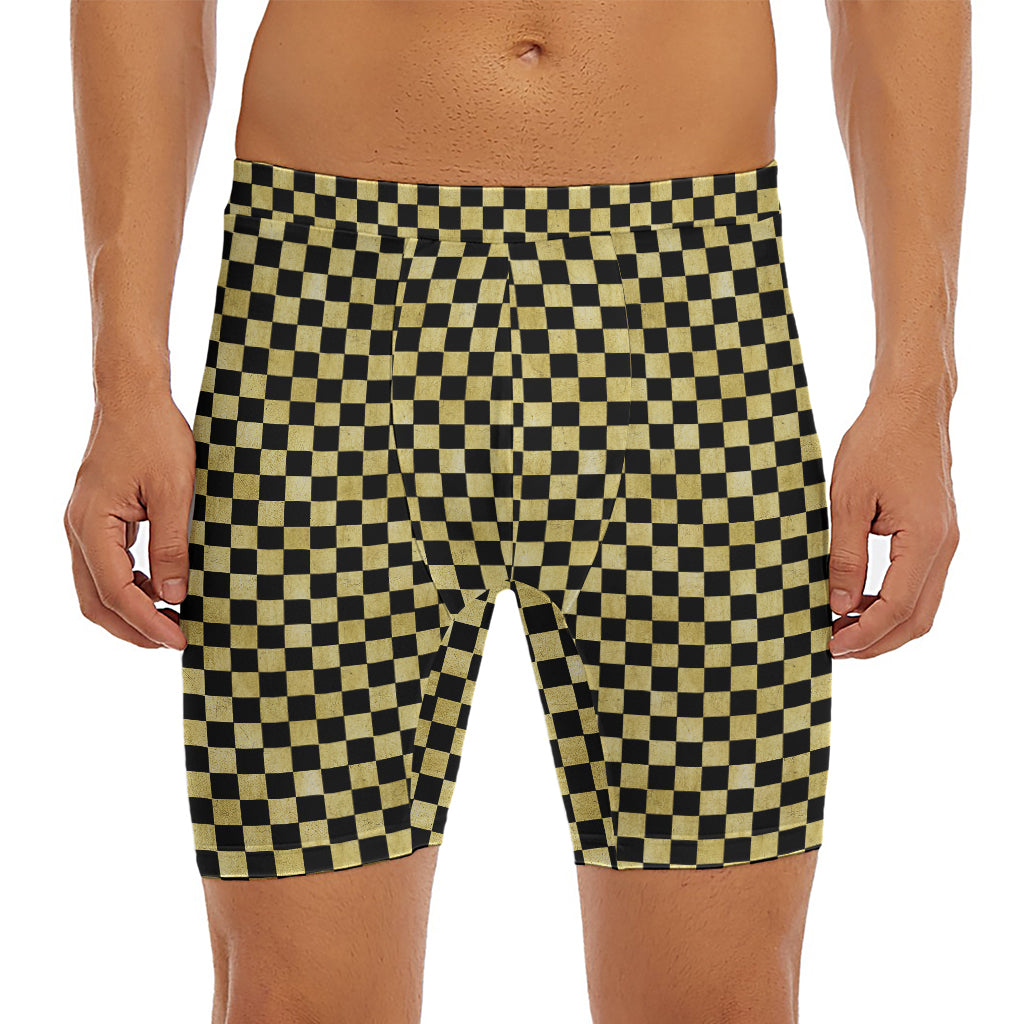 Gold And Black Checkered Pattern Print Men's Long Boxer Briefs