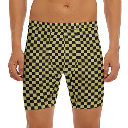 Gold And Black Checkered Pattern Print Men's Long Boxer Briefs