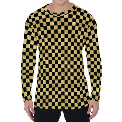 Gold And Black Checkered Pattern Print Men's Long Sleeve T-Shirt