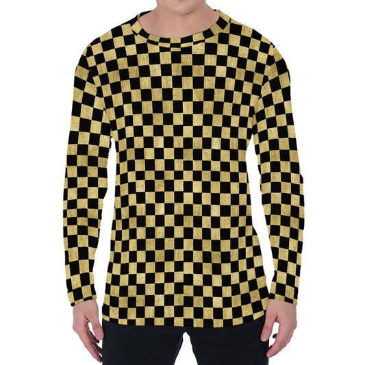Gold And Black Checkered Pattern Print Men's Long Sleeve T-Shirt