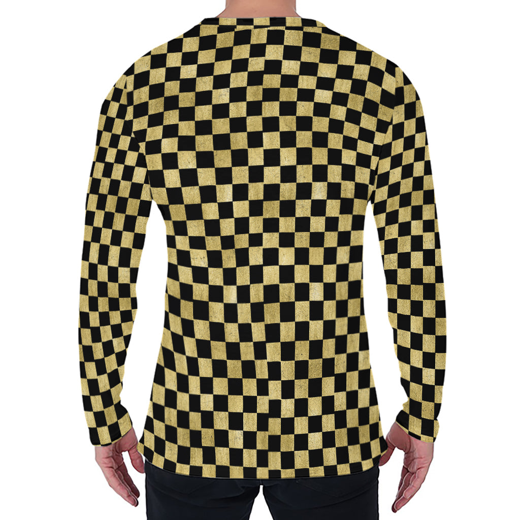 Gold And Black Checkered Pattern Print Men's Long Sleeve T-Shirt