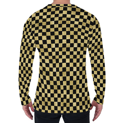 Gold And Black Checkered Pattern Print Men's Long Sleeve T-Shirt