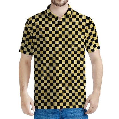 Gold And Black Checkered Pattern Print Men's Polo Shirt