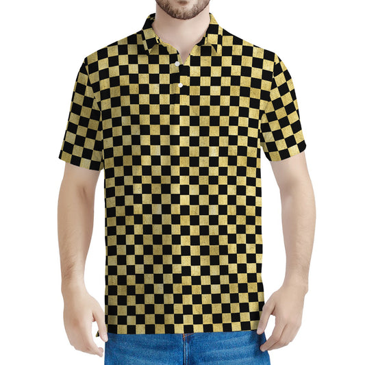 Gold And Black Checkered Pattern Print Men's Polo Shirt