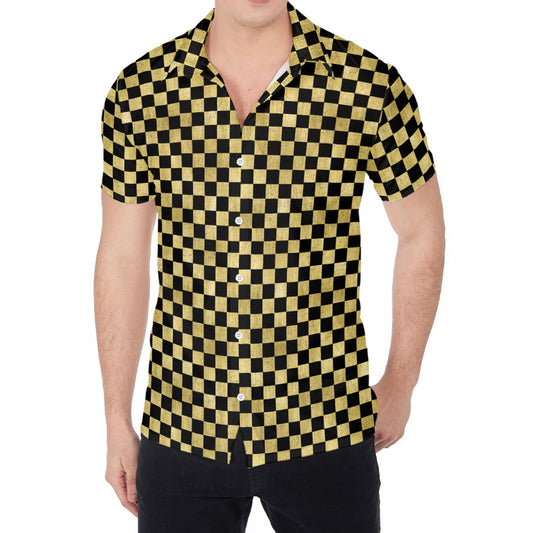 Gold And Black Checkered Pattern Print Men's Shirt