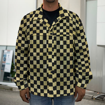 Gold And Black Checkered Pattern Print Men's Shirt Jacket