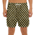 Gold And Black Checkered Pattern Print Men's Split Running Shorts