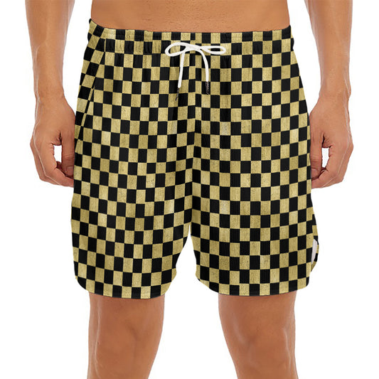 Gold And Black Checkered Pattern Print Men's Split Running Shorts