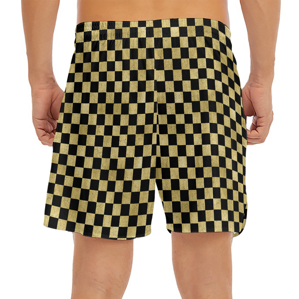Gold And Black Checkered Pattern Print Men's Split Running Shorts