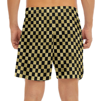 Gold And Black Checkered Pattern Print Men's Split Running Shorts