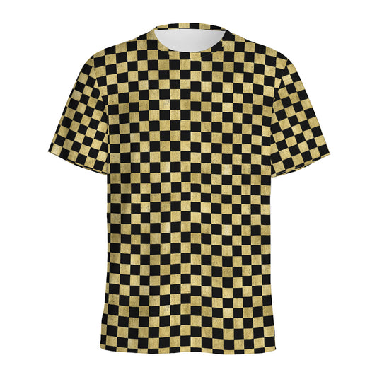 Gold And Black Checkered Pattern Print Men's Sports T-Shirt