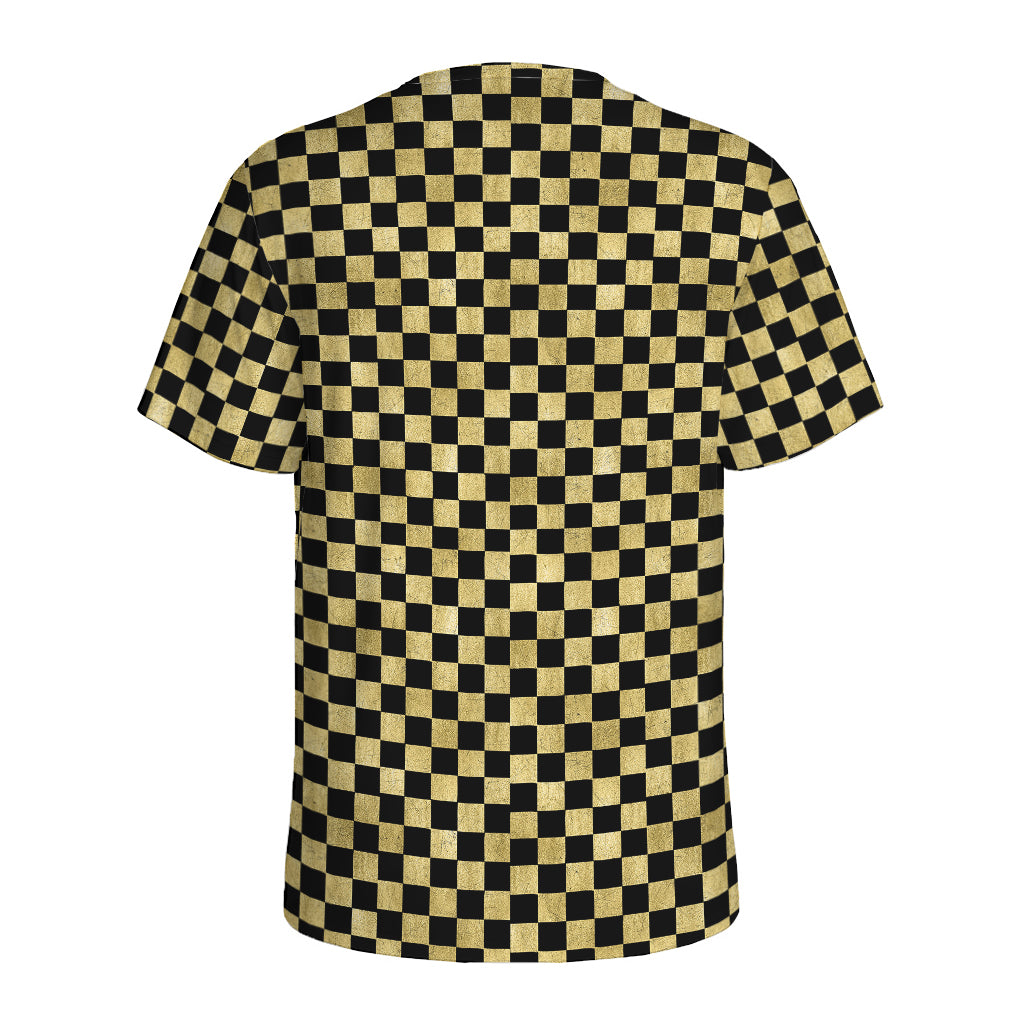 Gold And Black Checkered Pattern Print Men's Sports T-Shirt