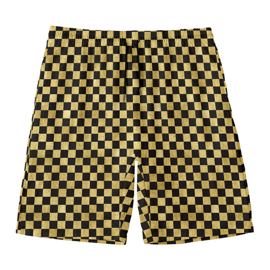 Gold And Black Checkered Pattern Print Men's Swim Trunks