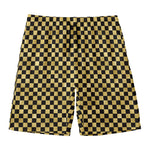 Gold And Black Checkered Pattern Print Men's Swim Trunks