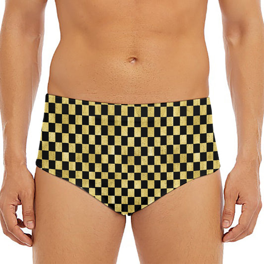 Gold And Black Checkered Pattern Print Men's Triangle Swim Briefs