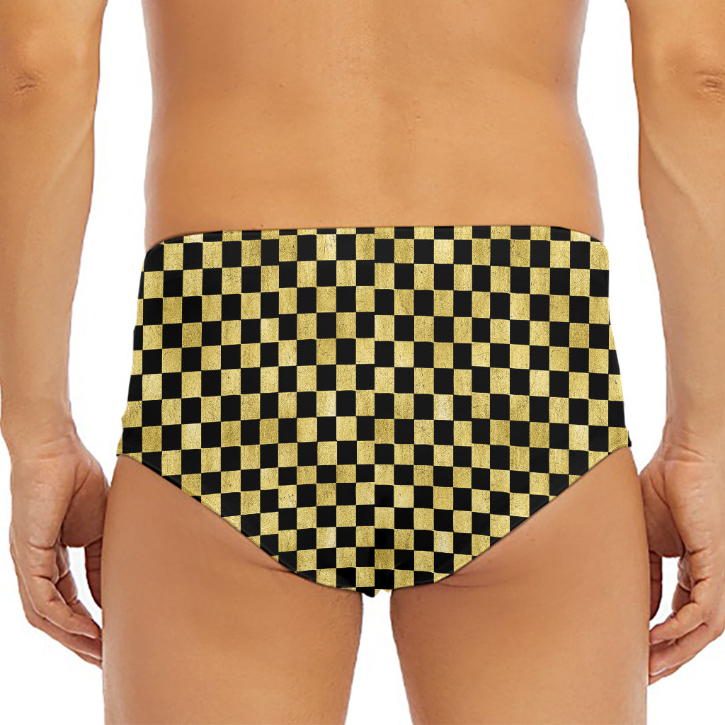 Gold And Black Checkered Pattern Print Men's Triangle Swim Briefs
