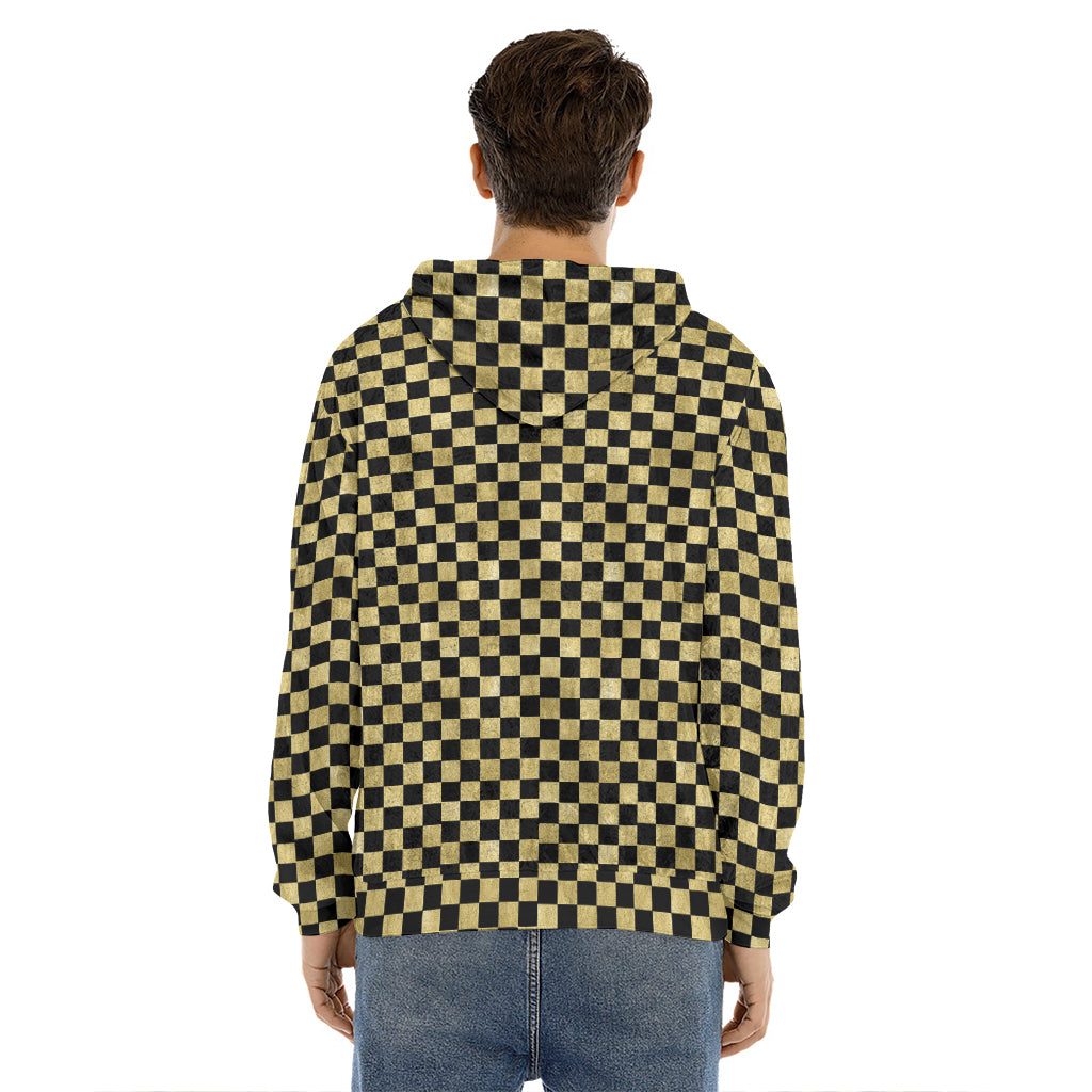 Gold And Black Checkered Pattern Print Men's Velvet Pullover Hoodie