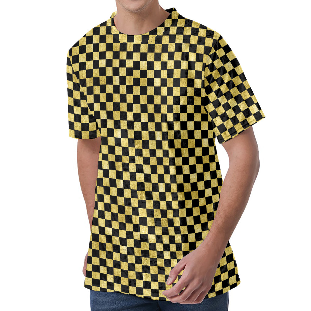 Gold And Black Checkered Pattern Print Men's Velvet T-Shirt