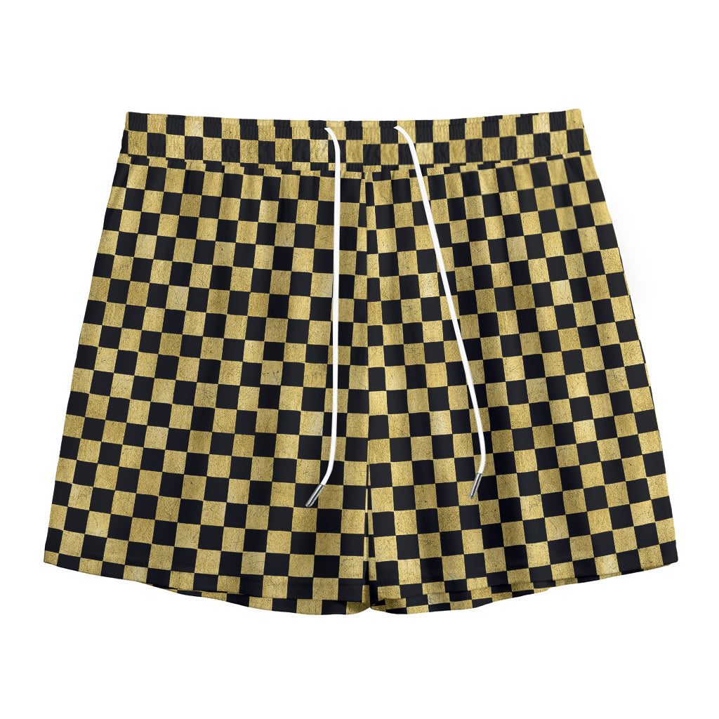 Gold And Black Checkered Pattern Print Mesh Shorts