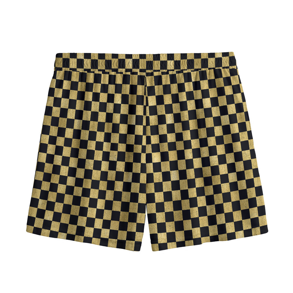 Gold And Black Checkered Pattern Print Mesh Shorts