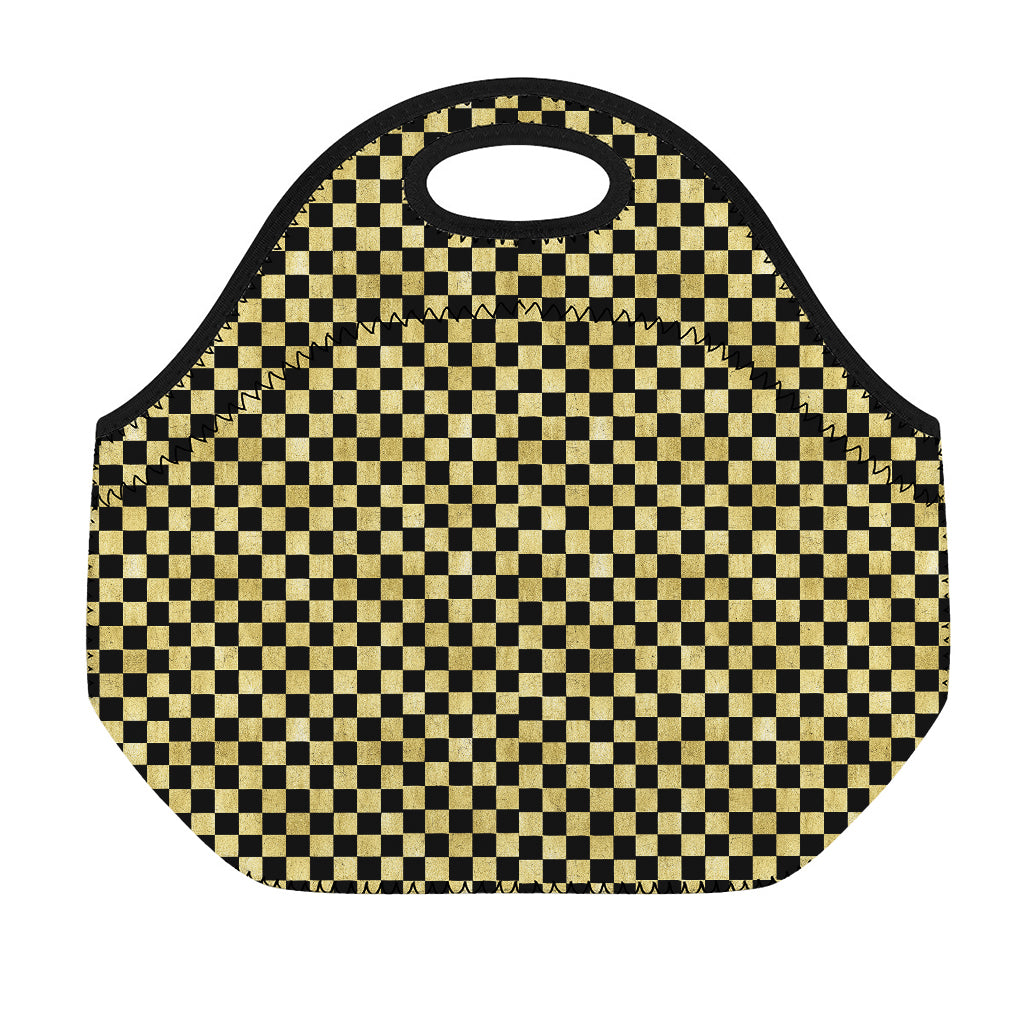 Gold And Black Checkered Pattern Print Neoprene Lunch Bag