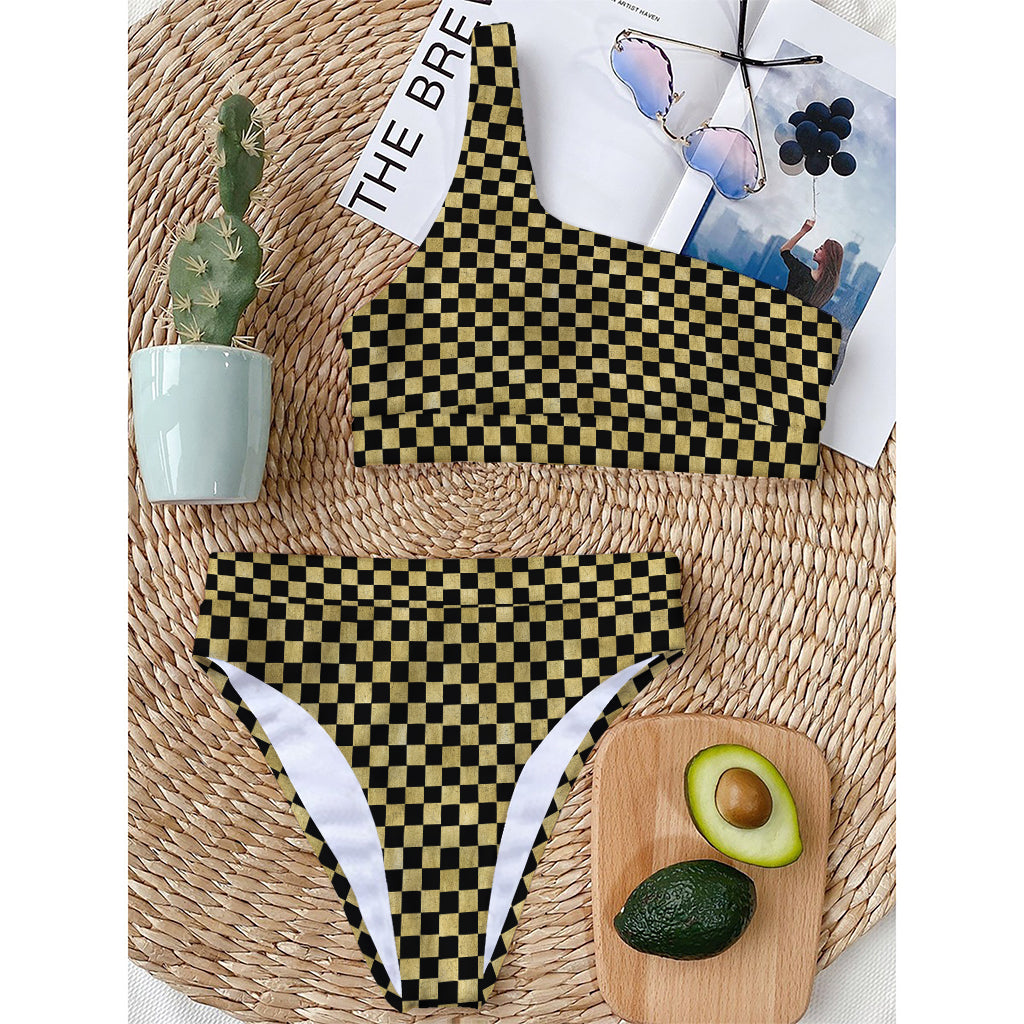 Gold And Black Checkered Pattern Print One Shoulder Bikini Top