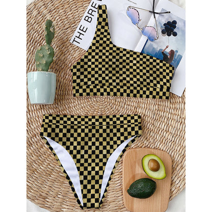 Gold And Black Checkered Pattern Print One Shoulder Bikini Top