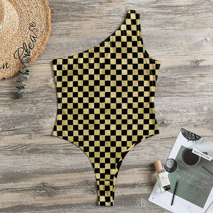 Gold And Black Checkered Pattern Print One Shoulder Bodysuit