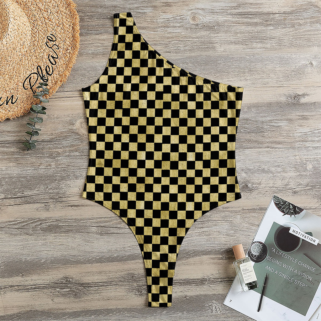 Gold And Black Checkered Pattern Print One Shoulder Bodysuit