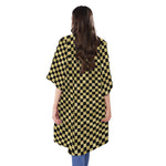 Gold And Black Checkered Pattern Print Open Front Beach Cover Up