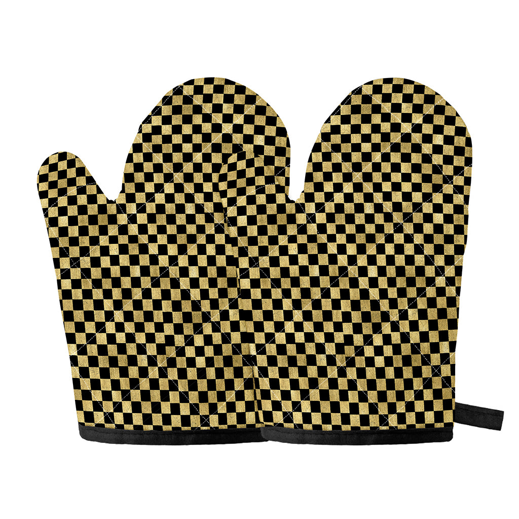 Gold And Black Checkered Pattern Print Oven Mitts