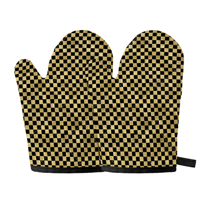 Gold And Black Checkered Pattern Print Oven Mitts