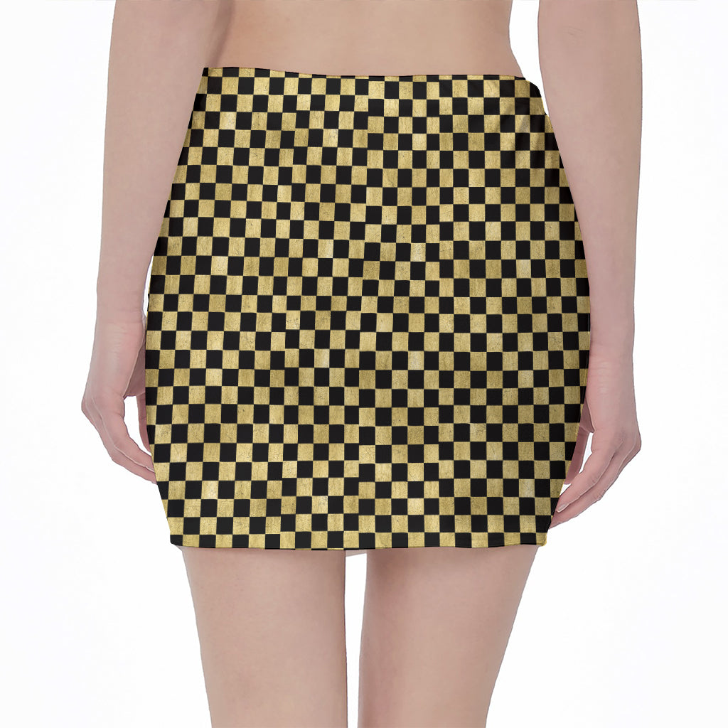 Gold And Black Checkered Pattern Print Pencil Mini Skirt