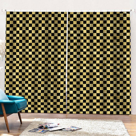Gold And Black Checkered Pattern Print Pencil Pleat Curtains
