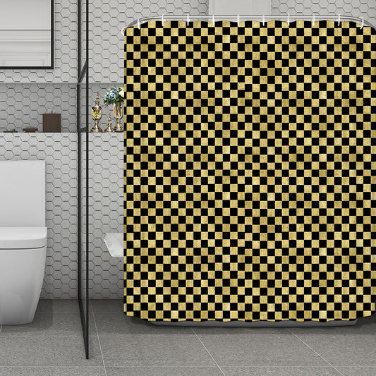 Gold And Black Checkered Pattern Print Polyester Shower Curtain