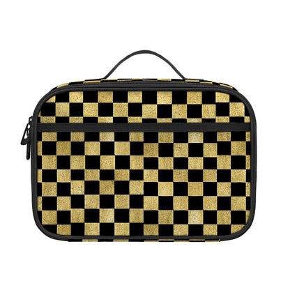 Gold And Black Checkered Pattern Print Portable Lunch Bag