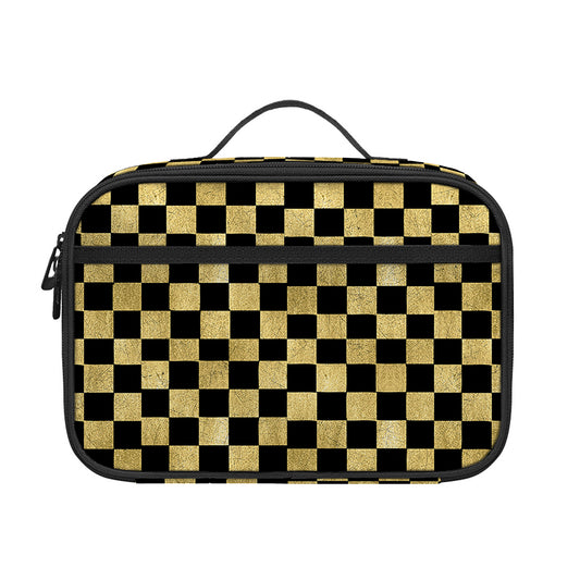 Gold And Black Checkered Pattern Print Portable Lunch Bag