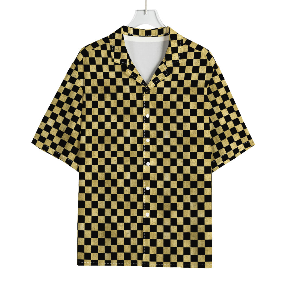 Gold And Black Checkered Pattern Print Rayon Hawaiian Shirt