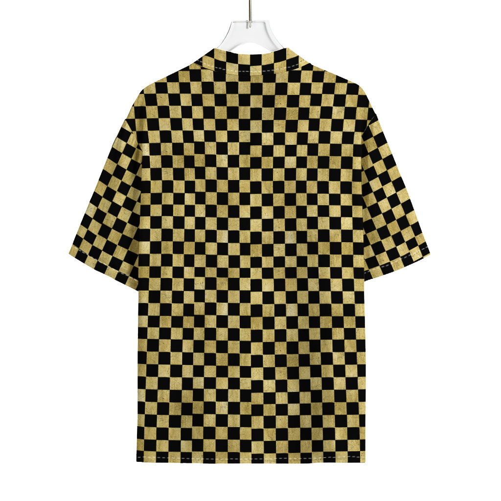 Gold And Black Checkered Pattern Print Rayon Hawaiian Shirt