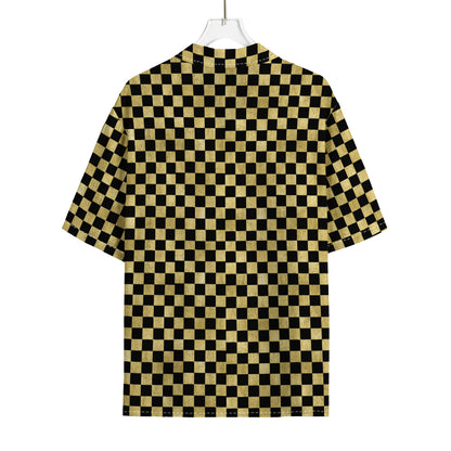 Gold And Black Checkered Pattern Print Rayon Hawaiian Shirt