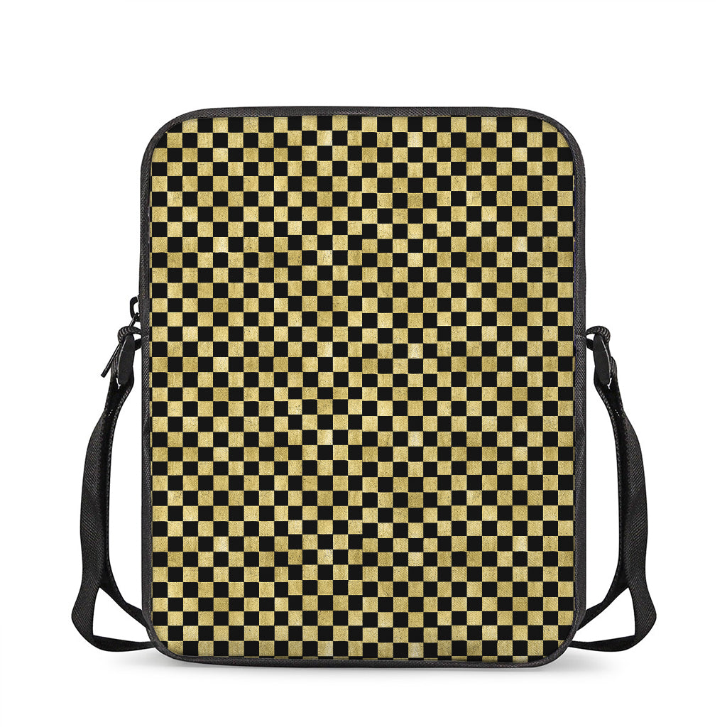 Gold And Black Checkered Pattern Print Rectangular Crossbody Bag